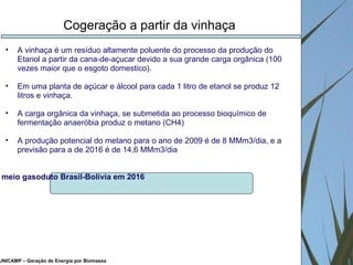 UNICAMP – Geração de Energia por Biomassa Cogeração a partir da vinhaça A vinhaça é um resíduo altamente poluente do processo da produção do Etanol a partir da cana-de-açucar devido a sua grande carga orgânica (100 vezes maior que o esgoto domestico). Em uma planta de açúcar e álcool para cada 1 litro de etanol se produz 12 litros e vinhaça. A carga orgânica da vinhaça, se submetida ao processo bioquímico de fermentação anaeróbia produz o metano (CH4) A produção potencial do metano para o ano de 2009 é de 8 MMm3/dia, e a previsão para a de 2016 é de 14,6 MMm3/dia meio gasoduto Brasil-Bolívia em 2016 
