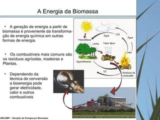 A geração de energia a partir de  biomassa é proveniente da transforma- ção de energia química em outras  formas de energia. Os combustíveis mais comuns são os resíduos agrícolas, madeiras e  Plantas. UNICAMP – Geração de Energia por Biomassa A Energia da Biomassa Dependendo da técnica de conversão a bioenergia pode gerar eletricidade, calor e outros combustíveis 