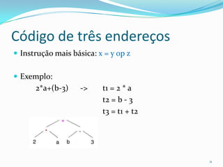 Código de três endereços
 Instrução mais básica: x = y op z


 Exemplo:
      2*a+(b-3)     ->    t1 = 2 * a
                          t2 = b - 3
                          t3 = t1 + t2




                                         11
 