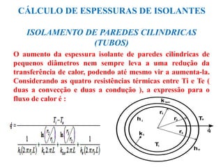CÁLCULO DE ESPESSURAS DE ISOLANTES
ISOLAMENTO DE PAREDES CILINDRICAS
(TUBOS)
O aumento da espessura isolante de paredes cilíndricas de
pequenos diâmetros nem sempre leva a uma redução da
transferência de calor, podendo até mesmo vir a aumenta-la.
Considerando as quatro resistências térmicas entre Ti e Te (
duas a convecção e duas a condução ), a expressão para o
fluxo de calor é :
 