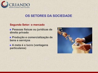 OS SETORES DA SOCIEDADE

Segundo Setor: o mercado
  Pessoas físicas ou jurídicas de
direito privado
 Produção e comercialização de
bens e serviços
 A meta é o lucro (vantagens
particulares)
 