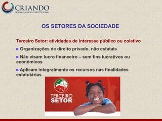 OS SETORES DA SOCIEDADE

Terceiro Setor: atividades de interesse público ou coletivo
 Organizações de direito privado, não estatais
 Não visam lucro financeiro – sem fins lucrativos ou
econômicos
 Aplicam integralmente os recursos nas finalidades
estatutárias
 