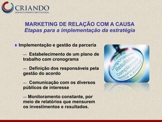 MARKETING DE RELAÇÃO COM A CAUSA
  Etapas para a implementação da estratégia

Implementação e gestão da parceria

 —  Estabelecimento de um plano de
 trabalho com cronograma

 — Definição dos responsáveis pela
 gestão do acordo

 — Comunicação com os diversos
 públicos de interesse

 — Monitoramento constante, por
 meio de relatórios que mensurem
 os investimentos e resultados.
 
