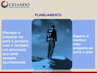 PLANEJAMENTO




Planejar é
preparar-se                      Espere o
para a jornada,                  melhor
mas é também                     mas
                                 prepare-se
um processo
                                 para o pior
que está
sempre
acontecendo
 