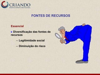 FONTES DE RECURSOS


Essencial

  Diversificação das fontes de
recursos

   —   Legitimidade social

   —   Diminuição do risco
 
