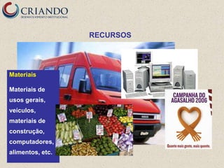 RECURSOS




Materiais

Materiais de
usos gerais,
veículos,
materiais de
construção,
computadores,
alimentos, etc.
 