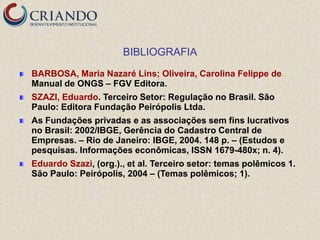BIBLIOGRAFIA
BARBOSA, Maria Nazaré Lins; Oliveira, Carolina Felippe de.
Manual de ONGS – FGV Editora.
SZAZI, Eduardo. Terceiro Setor: Regulação no Brasil. São
Paulo: Editora Fundação Peirópolis Ltda.
As Fundações privadas e as associações sem fins lucrativos
no Brasil: 2002/IBGE, Gerência do Cadastro Central de
Empresas. – Rio de Janeiro: IBGE, 2004. 148 p. – (Estudos e
pesquisas. Informações econômicas, ISSN 1679-480x; n. 4).
Eduardo Szazi, (org.)., et al. Terceiro setor: temas polêmicos 1.
São Paulo: Peirópolis, 2004 – (Temas polêmicos; 1).
 