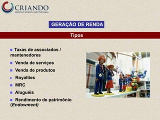 GERAÇÃO DE RENDA

                         Tipos

 Taxas de associados /
mantenedores
  Venda de serviços
  Venda de produtos
  Royalties
  MRC
  Aluguéis
  Rendimento de patrimônio
(Endowment)
 