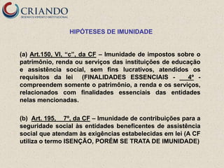 HIPÓTESES DE IMUNIDADE


(a) Art.150, VI, ―c‖, da CF – Imunidade de impostos sobre o
patrimônio, renda ou serviços das instituições de educação
e assistência social, sem fins lucrativos, atendidos os
requisitos da lei (FINALIDADES ESSENCIAIS -            4º -
compreendem somente o patrimônio, a renda e os serviços,
relacionados com finalidades essenciais das entidades
nelas mencionadas.

(b) Art. 195, 7º, da CF – Imunidade de contribuições para a
seguridade social às entidades beneficentes de assistência
social que atendam às exigências estabelecidas em lei (A CF
utiliza o termo ISENÇÃO, PORÉM SE TRATA DE IMUNIDADE)
 