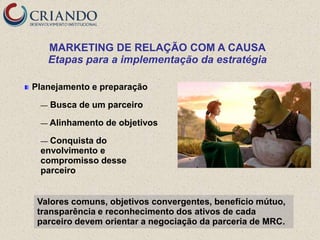 MARKETING DE RELAÇÃO COM A CAUSA
     Etapas para a implementação da estratégia

Planejamento e preparação

 —   Busca de um parceiro

 — Alinhamento   de objetivos

 — Conquista do
 envolvimento e
 compromisso desse
 parceiro


 Valores comuns, objetivos convergentes, benefício mútuo,
 transparência e reconhecimento dos ativos de cada
 parceiro devem orientar a negociação da parceria de MRC.
 