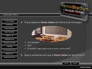 Geração Digital e WEB 2.0



   “e” de e-learning

    HomoStation

  Ensino Distribuído

  Ensino Distribuído

    WEB 2.0 – 3.0

   Realidade Virtual

Realidade Aumentada

      e-learning

Peer Assisted Learning

    Bibliotecas 2.0

 Tendências de Futuro



                            Anterior   Seguinte
 