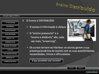 Geração Digital e WEB 2.0



   “e” de e-learning

    HomoStation

  Ensino Distribuído

  Ensino Distribuído

    WEB 2.0 – 3.0

   Realidade Virtual

Realidade Aumentada

      e-learning

Peer Assisted Learning

    Bibliotecas 2.0

 Tendências de Futuro       O que possibilita este conceito?


                                                               Anterior   Seguinte
 