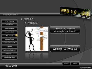 Geração Digital e WEB 2.0



   “e” de e-learning

    HomoStation

  Ensino Distribuído          Como lidar com tanta
  Ensino Distribuído        informação que é inútil?
    WEB 2.0 – 3.0

   Realidade Virtual

Realidade Aumentada

      e-learning

Peer Assisted Learning
                            WEB 2.0 + 1 = WEB 3.0
    Bibliotecas 2.0

 Tendências de Futuro



                                       Anterior   Seguinte

    03-03-2011
 