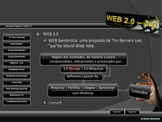 Geração Digital e WEB 2.0



   “e” de e-learning

    HomoStation

  Ensino Distribuído

  Ensino Distribuído         Registo dos conteúdos, de maneira a serem
    WEB 2.0 – 3.0
                            compreendidos, interpretados e processados por…

   Realidade Virtual                2.0 Pessoas | 3.0 Máquinas
Realidade Aumentada                    Softwares capazes de…
      e-learning

Peer Assisted Learning      Pesquisar | Partilhar | Integrar | Apresentar
    Bibliotecas 2.0
                                           com eficiência

 Tendências de Futuro
                            Como?
                                                                       Anterior   Seguinte
 