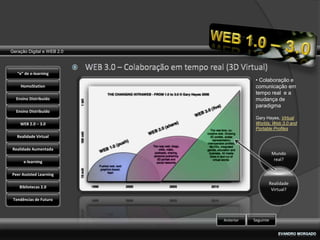 Geração Digital e WEB 2.0



   “e” de e-learning
                                        • Colaboração e
    HomoStation                         comunicação em
                                        tempo real e a
  Ensino Distribuído                    mudança de
                                        paradigma
  Ensino Distribuído
                                        Gary Hayes, Virtual
    WEB 2.0 – 3.0                       Worlds, Web 3.0 and
                                        Portable Profiles
   Realidade Virtual

Realidade Aumentada
                                                  Mundo
      e-learning
                                                   real?


Peer Assisted Learning

                                              Realidade
    Bibliotecas 2.0
                                               Virtual?

 Tendências de Futuro



                            Anterior   Seguinte
 