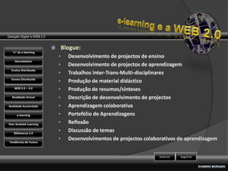 Geração Digital e WEB 2.0



   “e” de e-learning

    HomoStation

  Ensino Distribuído

  Ensino Distribuído

    WEB 2.0 – 3.0

   Realidade Virtual

Realidade Aumentada

      e-learning

Peer Assisted Learning

    Bibliotecas 2.0

 Tendências de Futuro



                            Anterior   Seguinte
 