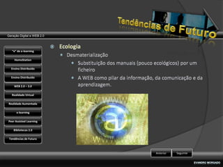 Geração Digital e WEB 2.0



   “e” de e-learning

    HomoStation

  Ensino Distribuído

  Ensino Distribuído

    WEB 2.0 – 3.0

   Realidade Virtual

Realidade Aumentada

      e-learning

Peer Assisted Learning

    Bibliotecas 2.0

 Tendências de Futuro



                            Anterior   Seguinte
 