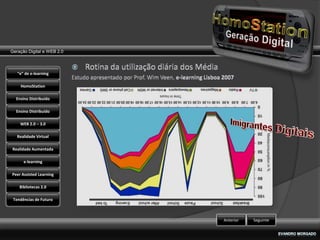 Geração Digital e WEB 2.0



   “e” de e-learning

    HomoStation

  Ensino Distribuído

  Ensino Distribuído

    WEB 2.0 – 3.0

   Realidade Virtual

Realidade Aumentada

      e-learning

Peer Assisted Learning

    Bibliotecas 2.0

 Tendências de Futuro



                            Anterior   Seguinte
 