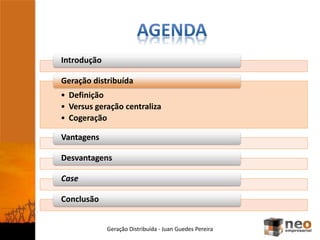 Introdução
• Definição
• Versus geração centraliza
• Cogeração
Geração distribuída
Vantagens
Desvantagens
Case
Conclusão
Geração Distribuída - Juan Guedes Pereira
 