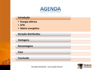• Energia elétrica
• GTD
• Matriz energética
Introdução
Geração distribuídas
Vantagens
Desvantagens
Case
Conclusão
Geração Distribuída - Juan Guedes Pereira
 
