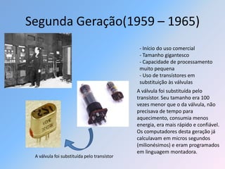 Segunda Geração(1959 – 1965)
                                              - Início do uso comercial
                                              - Tamanho gigantesco
                                              - Capacidade de processamento
                                              muito pequena
                                              - Uso de transístores em
                                              substituição às válvulas
                                             A válvula foi substituída pelo
                                             transístor. Seu tamanho era 100
                                             vezes menor que o da válvula, não
                                             precisava de tempo para
                                             aquecimento, consumia menos
                                             energia, era mais rápido e confiável.
                                             Os computadores desta geração já
                                             calculavam em micros segundos
                                             (milionésimos) e eram programados
                                             em linguagem montadora.
 A válvula foi substituída pelo transístor
 