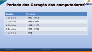 Período das Geração dos computadores
Gerações Período
1° Geração 1946 – 1954
2° Geração 1955 – 1964
3° Geração 1964 – 1977
4° Geração 1977 – 1991
5° Geração 1991
28/08/2014 Janielson Lima 3
 