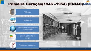 Primeira Geração(1946 –1954) (ENIAC)
Válvulas
Uso Restrito
Precisava ser Programado
a cada tarefa
Grande Consumo de
Energia
Problemas Frequentes
28/08/2014 Janielson Lima 4
 