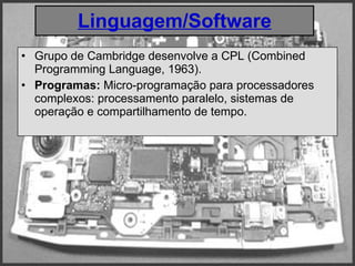 Linguagem/Software Grupo de Cambridge desenvolve a CPL (Combined Programming Language, 1963).  Programas:  Micro-programação para processadores complexos: processamento paralelo, sistemas de operação e compartilhamento de tempo.  