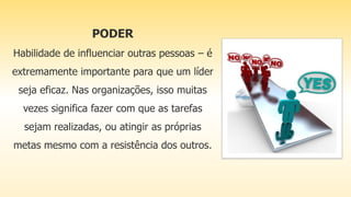 PODER
Habilidade de influenciar outras pessoas – é
extremamente importante para que um líder
seja eficaz. Nas organizações, isso muitas
vezes significa fazer com que as tarefas
sejam realizadas, ou atingir as próprias
metas mesmo com a resistência dos outros.
 