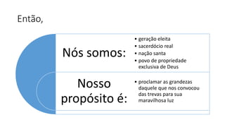 Então, 
Nós somos: 
Nosso 
propósito é: 
• geração eleita 
• sacerdócio real 
• nação santa 
• povo de propriedade 
exclusiva de Deus 
• proclamar as grandezas 
daquele que nos convocou 
das trevas para sua 
maravilhosa luz 
 