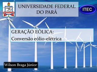 UNIVERSIDADE FEDERAL
              DO PARÁ



    GERAÇÃO EÓLICA:
    Conversão eólio-elétrica




Wilson Braga Júnior
 