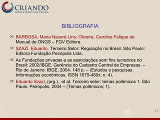 BARBOSA, Maria Nazaré Lins; Oliveira, Carolina Felippe de .  Manual de ONGS – FGV Editora. SZAZI, Eduardo . Terceiro Setor: Regulação no Brasil. São Paulo: Editora Fundação Peirópolis Ltda.  As Fundações privadas e as associações sem fins lucrativos no Brasil: 2002/IBGE, Gerência do Cadastro Central de Empresas. – Rio de Janeiro: IBGE, 2004. 148 p. – (Estudos e pesquisas. Informações econômicas, ISSN 1679-480x; n. 4). Eduardo Szazi , (org.)., et al. Terceiro setor: temas polêmicos 1. São Paulo: Peirópolis, 2004 – (Temas polêmicos; 1).  BIBLIOGRAFIA 