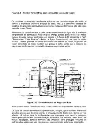 Figura 2.9 – Central Termelétrica com combustão externa (a vapor)
Os principais combustíveis usualmente aplicados nas centrais a vapor são o óleo, o
carvão, a biomassa (madeira, bagaço de cana, lixo,...) e derivados pesados de
petróleo. Os principais combustíveis usados nas máquinas térmicas a gás são o gás
natural e o óleo Diesel.
Já no caso da central nuclear, o calor para o aquecimento da água não é produzido
por processo de combustão, mas sim pela energia gerada pelo processo de fissão
nuclear (reação nuclear controlada em cadeia ). A figura 2.10 apresenta o PWR
("Pressurized Water Reactor"- Reator à Água Pressurizada), um tipo de reator
nuclear . Nesta, pode-se visualizar no interior do edifício do reator, o gerador de
vapor, conectado ao reator nuclear, que produz o calor, sendo que o restante do
esquema é similar ao das centrais térmicas convencionais a vapor.
Figura 2.10 - Central nuclear de Angra dos Reis
Fonte: Centrais Hidro e Termelétricas, Souza / Fuchs / Santos – Ed. Edgar Blucher, São Paulo, 1977
Os tipos de centrais termelétricas apresentados, a vapor, gás e nuclear, formam os
grandes grupos que deverão orientar o prosseguimento deste item. Como se verá
adiante, há outros tipos de configurações ou processos, mas sempre baseados
nestes principais ou em uma combinação apropriada dos mesmos. Além disso, em
muitas aplicações, centrais térmicas são utilizadas para produção conjunta de
eletricidade e vapor para uso no processo, no denominado sistema de cogeração.
 