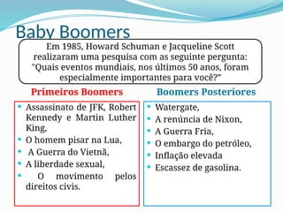 Baby Boomers
Primeiros Boomers
 Assassinato de JFK, Robert
Kennedy e Martin Luther
King,
 O homem pisar na Lua,
 A Guerra do Vietnã,
 A liberdade sexual,
 O movimento pelos
direitos civis.
Boomers Posteriores
 Watergate,
 A renúncia de Nixon,
 A Guerra Fria,
 O embargo do petróleo,
 Inflação elevada
 Escassez de gasolina.
Em 1985, Howard Schuman e Jacqueline Scott
realizaram uma pesquisa com as seguinte pergunta:
"Quais eventos mundiais, nos últimos 50 anos, foram
especialmente importantes para você?”
 