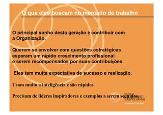 O que eles buscam no mercado de trabalho


O principal sonho desta geração é contribuir com
a Organização.

Querem se envolver com questões estratégicas
esperam um rápido crescimento profissional
e serem recompensados por suas contribuições.

Eles tem muita expectativa de sucesso e realização.

Usam muito a inteligência e são rápidos

Precisam de lideres inspiradores e exemplos a serem seguidos.
 