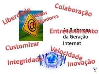 ColaboraçãoNovos InvestigadoresLiberdadeEntretenimentoAs 8 normas da Geração InternetCustomizarVelocidadeIntegridadeInovação