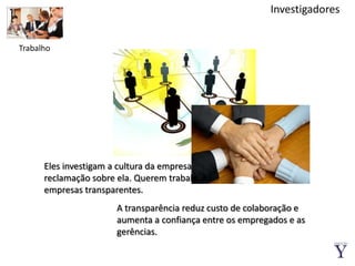 InvestigadoresTrabalhoEles investigam a cultura da empresa e qualquer reclamação sobre ela. Querem trabalhar para empresas transparentes.A transparência reduz custo de colaboração e aumenta a confiança entre os empregados e as gerências.