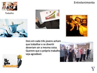 EntretenimentoTrabalhoDois em cada três jovens acham que trabalhar e se divertir deveriam ser a mesma coisa. Querem que o próprio trabalho seja agradável.