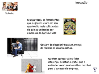 InovaçãoTrabalhoMuitas vezes, as ferramentas que os jovens usam em seu quarto são mais sofisticadas  do que as utilizadas por empresas do Fortune 500.Gostam de descobrir novas maneiras de realizar os seus trabalhos.Querem agregar valor, fazer diferença, desafiar o status quoe entender como seu trabalho contribui para o sucesso da empresa.