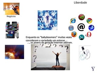 LiberdadeNegóciosEnquanto os “babyboomers” muitas vezes consideram a variedade um estorvo ......, os jovens da geração lnternet adoram.