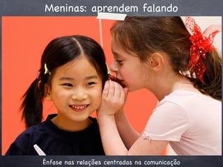 Meninas: aprendem falando




                contraste, ênfase no
                social e no emocional




Ênfase nas relações centradas na comunicação
 