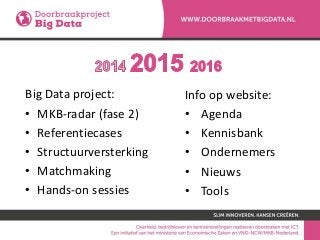 Big Data project:
• MKB-radar (fase 2)
• Referentiecases
• Structuurversterking
• Matchmaking
• Hands-on sessies
Info op website:
• Agenda
• Kennisbank
• Ondernemers
• Nieuws
• Tools
 