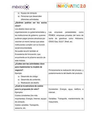 b) Equipo de cómputo
c) Personas que desarrollen
diferentes actividades
¿Quiénes podrían ser tus socios
clave?
Los aliados clave son las
organizaciones no gubernamentales y
las instituciones de gobierno, quienes
pudieran pagar precios atractivos por
volumen al mismo tiempo que estas
instituciones cumplen con su función
social encomendada.
Se puede recurrir también al
Ecosistema de Innovación, que
encontrarás en la próxima sección de
este módulo.
Las empresas paraestatales como
PEMEX, empresas privadas del ramo de
venta de gasolinas como Hidrosina,
OXXO Gas, GULF, Shell, etc.
¿Cuáles son las actividades clave
para implementar tu modelo de
negocio?
Ejemplo:
a) Desarrollo de código
b) Desarrollo de contenido
c) Realización de diseño
Primeramente la realización del proceso, y
posteriormente la del diseño del producto.
¿Cuál es la estructura de costos
para tu propuesta de valor?
Ejemplos:
Costos constantes (los más
importantes): Energía, Internet, equipo
de cómputo.
Costos variables: Transporte,
asesoría, etc.
Constantes: Energía, agua, teléfono e
internet.
Variables: Transporte, mantenimiento de
maquinaria.
 