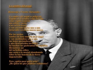 La sombra del nogal

Homenaje a Vicente Aleixandre.
La sombra del nogal es peligrosa
Tupido en el octubre como bóveda
como cúpula inmóvil
nos cobija e invita
a su caricia fresca
y van cayendo frutos uno a uno
torturados cerebros nueces nueces
Por las noches
sombra de luna muerta de el nogal
y van sucidándose una a una
sus hojas quejumbrosas
y pies desconocidos invisibles
las huellan las quebrantan las sepultan
librándolas así
del torbellino eólico
que azota a lo mortal abandonado
sobre la haz funesta de la tierra
impenetrable
Pero ¿quién pasa quién posa?
¿De quién los pies piadosos redentores?
 