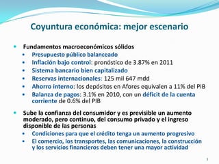 Coyuntura económica: mejor escenarioFundamentos macroeconómicos sólidosPresupuesto público balanceadoInflación bajo control: pronóstico de 3.87% en 2011Sistema bancario bien capitalizadoReservas internacionales: 125 mil 647 mddAhorro interno: los depósitos en Afores equivalen a 11% del PIBBalanza de pagos: 3.1% en 2010, con un déficit de la cuenta corriente de 0.6% del PIBSube la confianza del consumidor y es previsible un aumento moderado, pero continuo, del consumo privado y el ingreso disponible de las personasCondiciones para que el crédito tenga un aumento progresivoEl comercio, los transportes, las comunicaciones, la construcción y los servicios financieros deben tener una mayor actividad3
