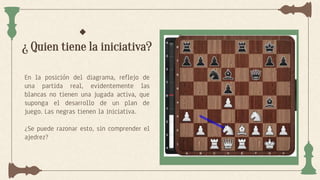 ¿ Quien tiene la iniciativa?
En la posición del diagrama, reflejo de
una partida real, evidentemente las
blancas no tienen una jugada activa, que
suponga el desarrollo de un plan de
juego. Las negras tienen la iniciativa.
¿Se puede razonar esto, sin comprender el
ajedrez?
 