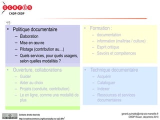 Politique documentaire Elaboration Mise en œuvre Pilotage (contribution au…) Quels services, pour quels usagers, selon quelles modalités ? Formation :  documentation  information (maîtrise / culture) Esprit critique Savoirs et compétences Technique documentaire Acquérir Cataloguer Indexer Ressources et services documentaires Ouverture, collaborations Guider Aider au choix Projets (conduite, contribution) Le en ligne, comme une modalité de plus Politique documentaire Élaboration Mise en œuvre Pilotage (contribution au…) Quels services, pour quels usagers, selon quelles modalités ? 