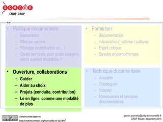 Ouverture, collaborations Guider Aider au choix Projets (conduite, contribution) Le en ligne, comme une modalité de plus Politique documentaire Elaboration Mise en œuvre Pilotage (contribution au…) Quels services, pour quels usagers, selon quelles modalités ? Formation :  documentation  information (maîtrise / culture) Esprit critique Savoirs et compétences Technique documentaire Acquérir Cataloguer Indexer Ressources et services documentaires Ouverture, collaborations Guider Aider au choix Projets (conduite, contribution) Le en ligne, comme une modalité de plus 