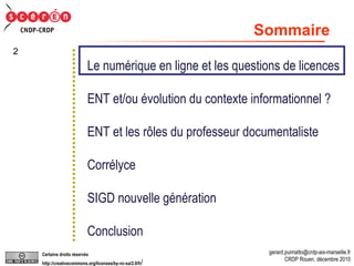 Le numérique en ligne et les questions de licences ENT et/ou évolution du contexte informationnel ? ENT et les rôles du professeur documentaliste Corrélyce SIGD nouvelle génération Conclusion Sommaire 