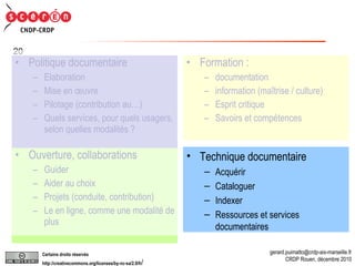 Technique documentaire Acquérir Cataloguer Indexer Ressources et services documentaires Politique documentaire Elaboration Mise en œuvre Pilotage (contribution au…) Quels services, pour quels usagers, selon quelles modalités ? Formation :  documentation  information (maîtrise / culture) Esprit critique Savoirs et compétences Ouverture, collaborations Guider Aider au choix Projets (conduite, contribution) Le en ligne, comme une modalité de plus Technique documentaire Acquérir Cataloguer Indexer Ressources et services documentaires 